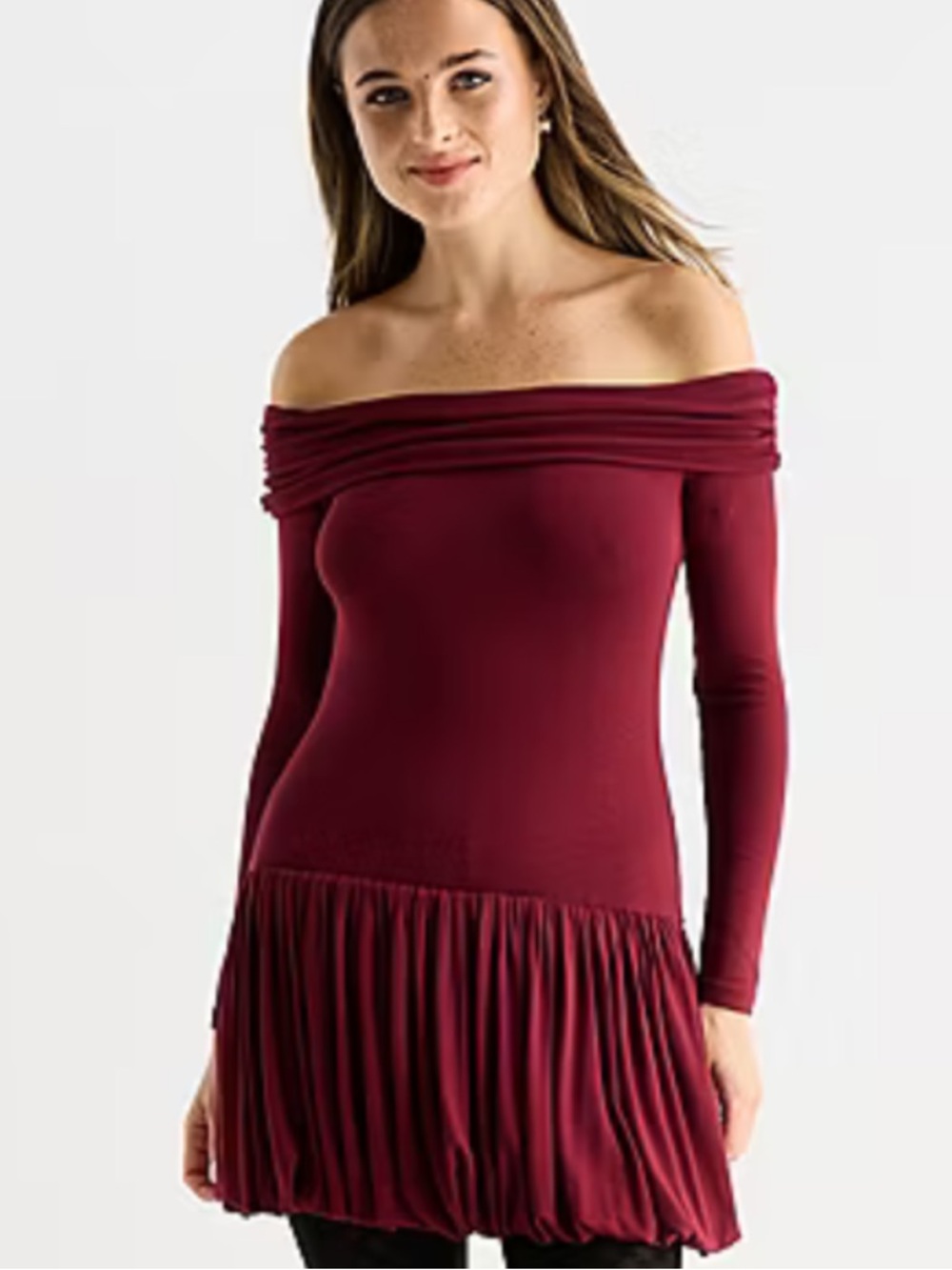 Arizona Womens Long Sleeve Fit + Off-Shoulder Long Sleeve Burgundy Dress
